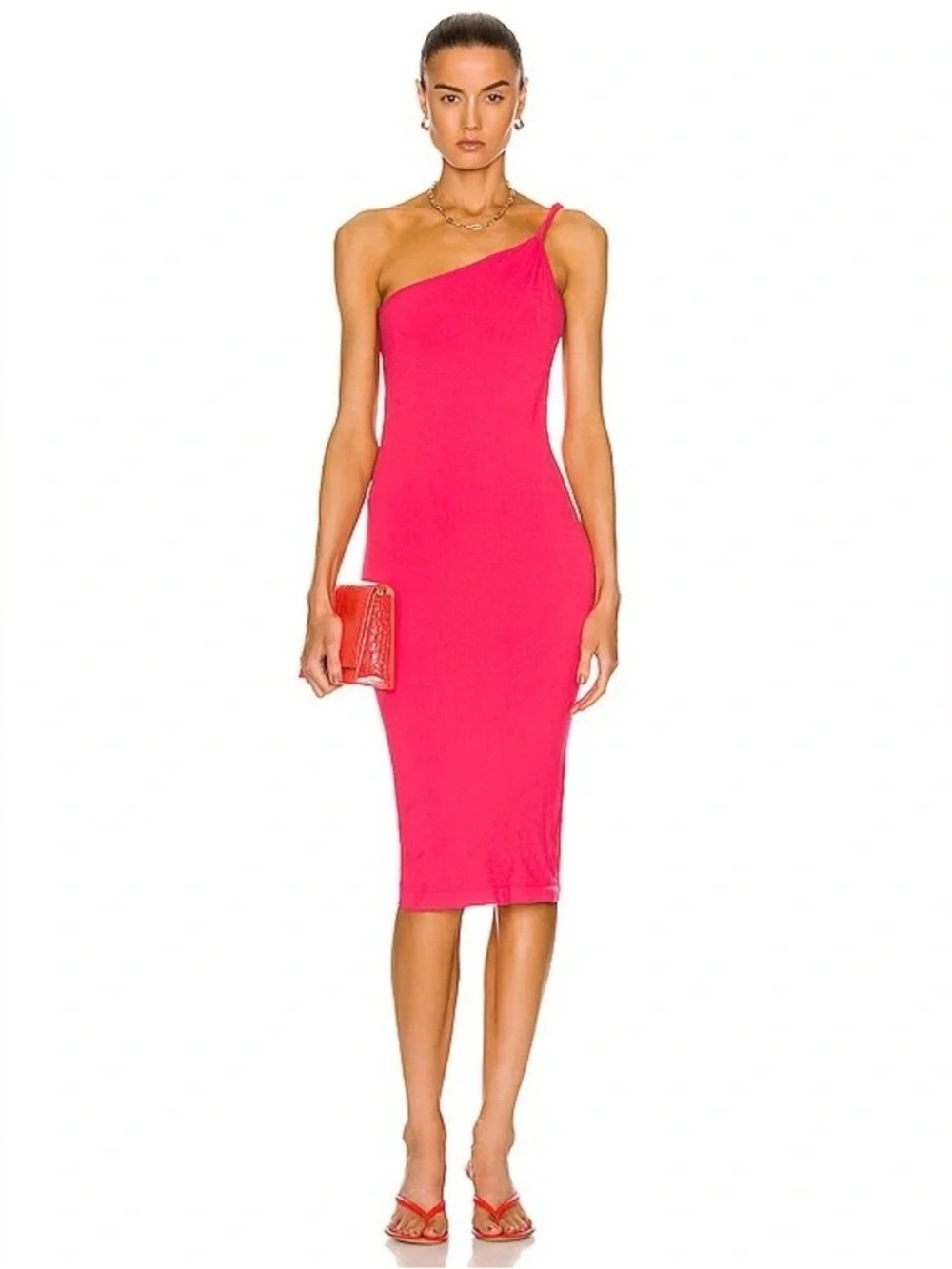 Helmut Lang One-Shoulder Hot Pink Midi Dress